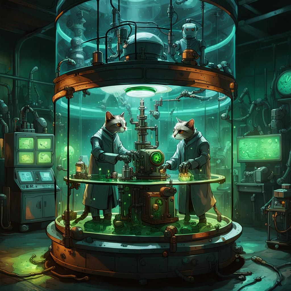 Plague Doctors Craft Futuristic Robot Cat in Lab Tank