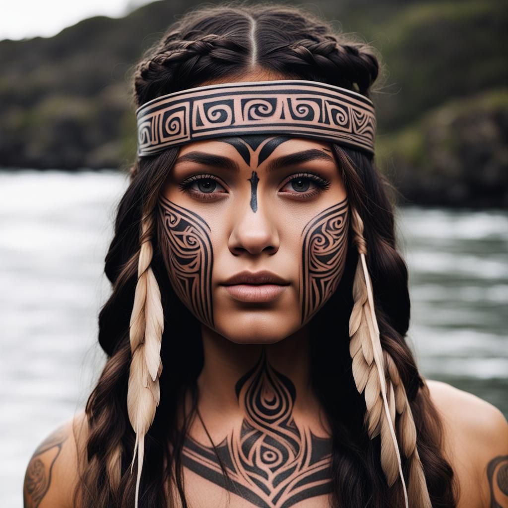 Maori Girl with Face Tattoo and Waterfall Hairstyle