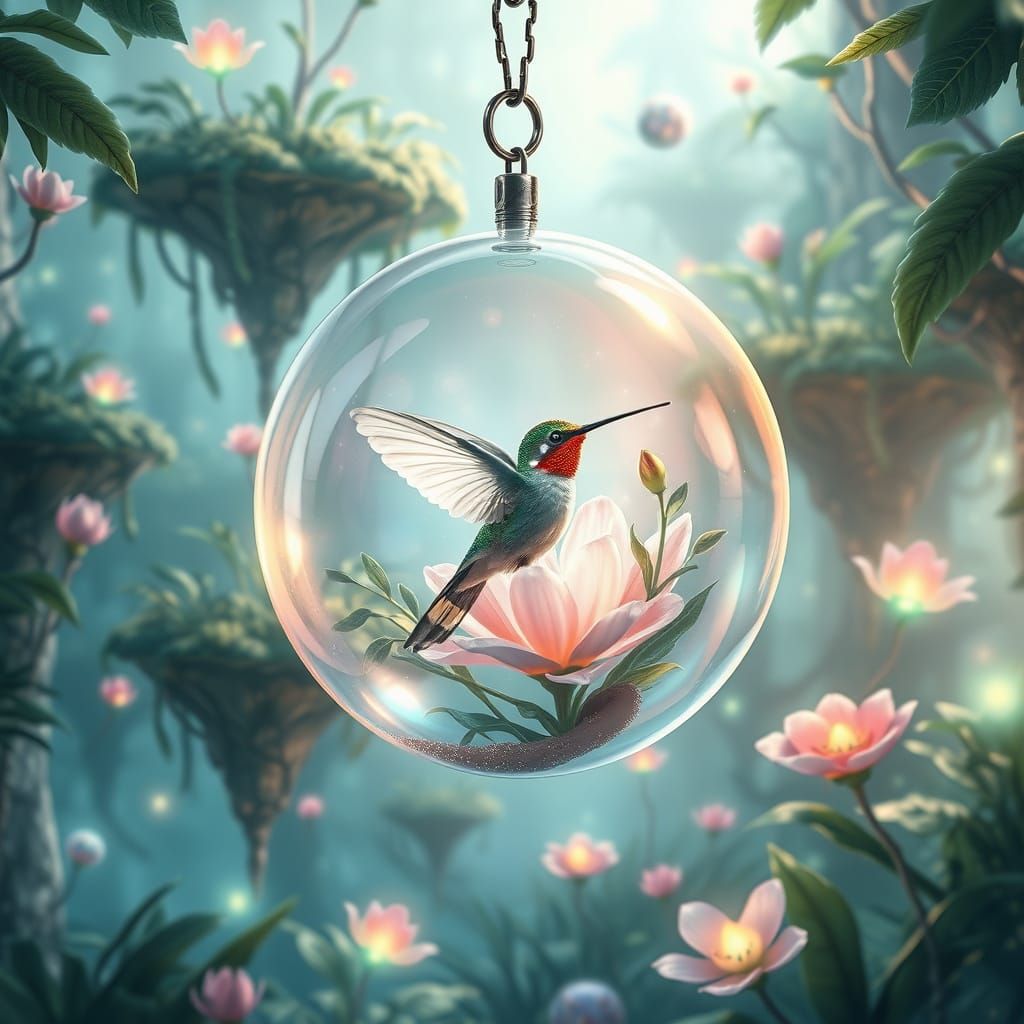 Hummingbird in Bubble in Alien Rainforest, Fantasy Art