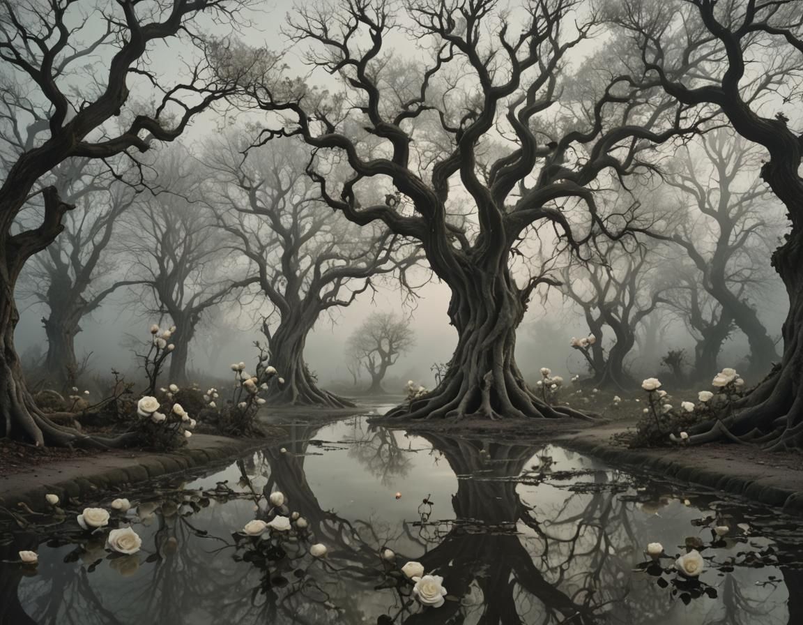 Mystical Garden: Surreal Gnarled Trees in Mist