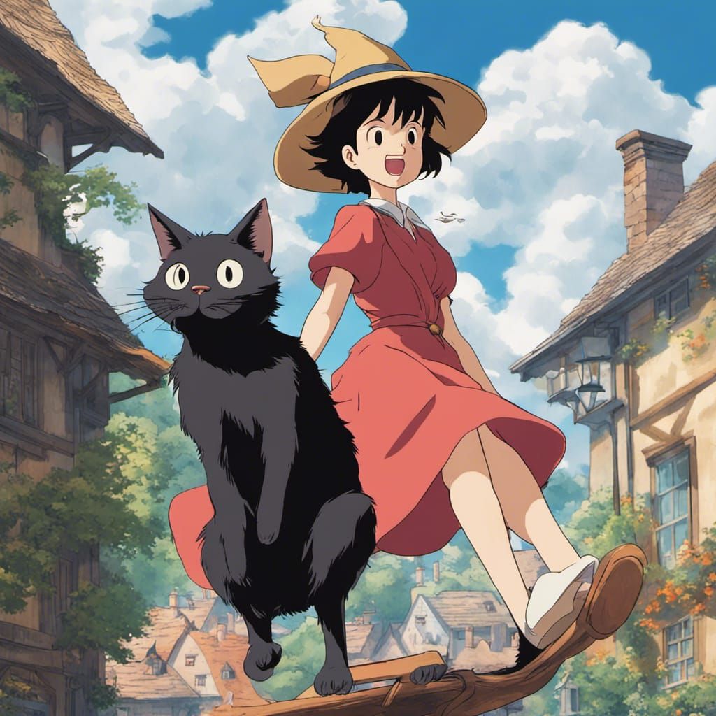 Anime Witch and Cat Flying Broom, Ghibli Style