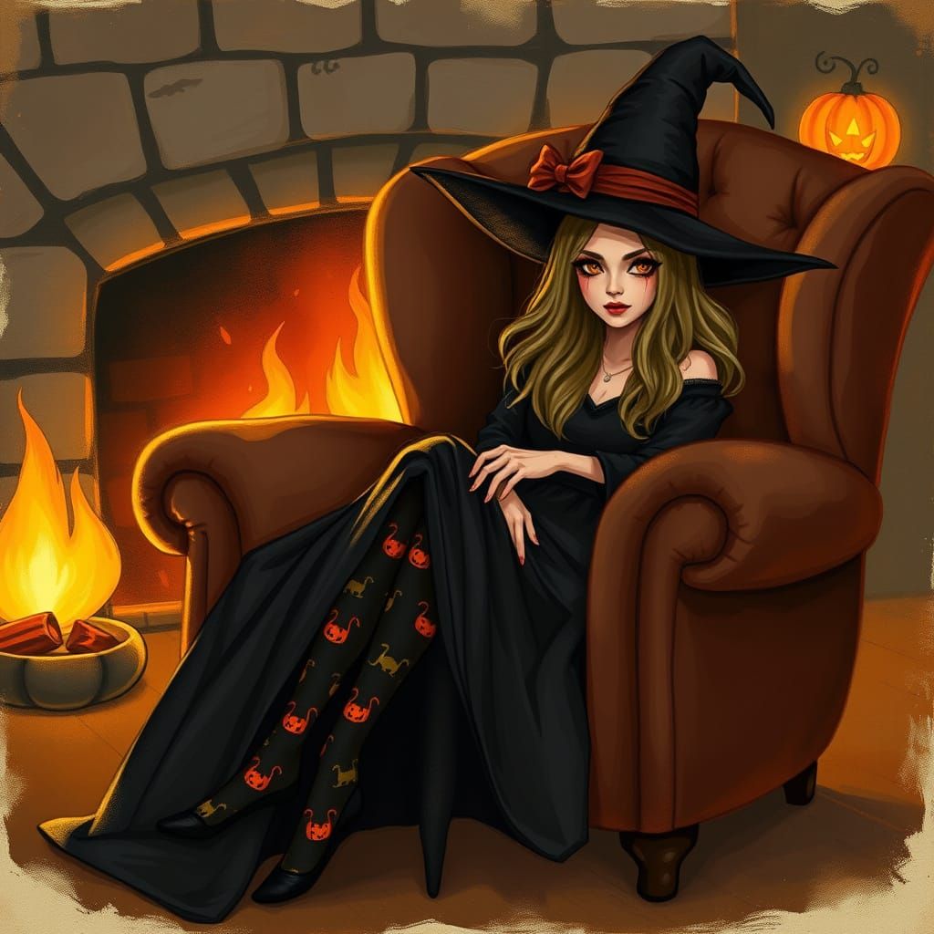 Cozy Halloween Witch in Whimsical Vintage Style
