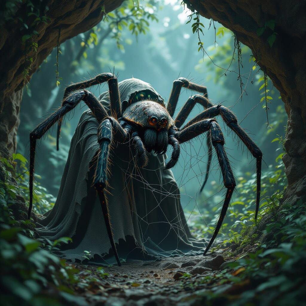 Human-Faced Spider Spins Web in Lush Forest