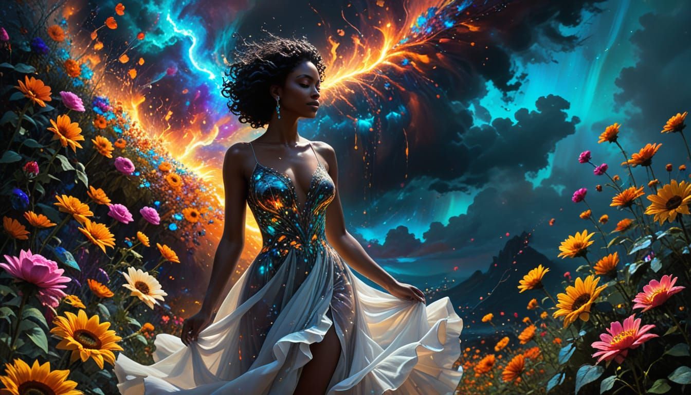 Surreal Portrait of a Smiling Black Woman in a Garden of Vib...