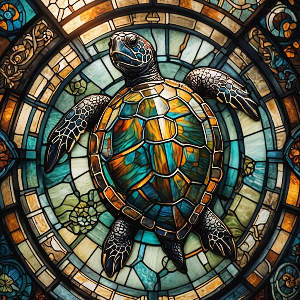 Stained Glass Turtle in Hyperrealistic Detail
