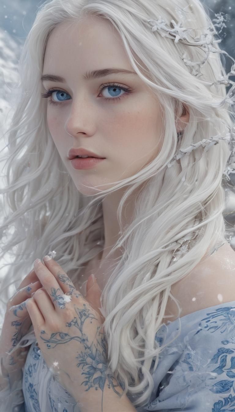 White-Haired Woman with Tattoos in Snowy Landscape