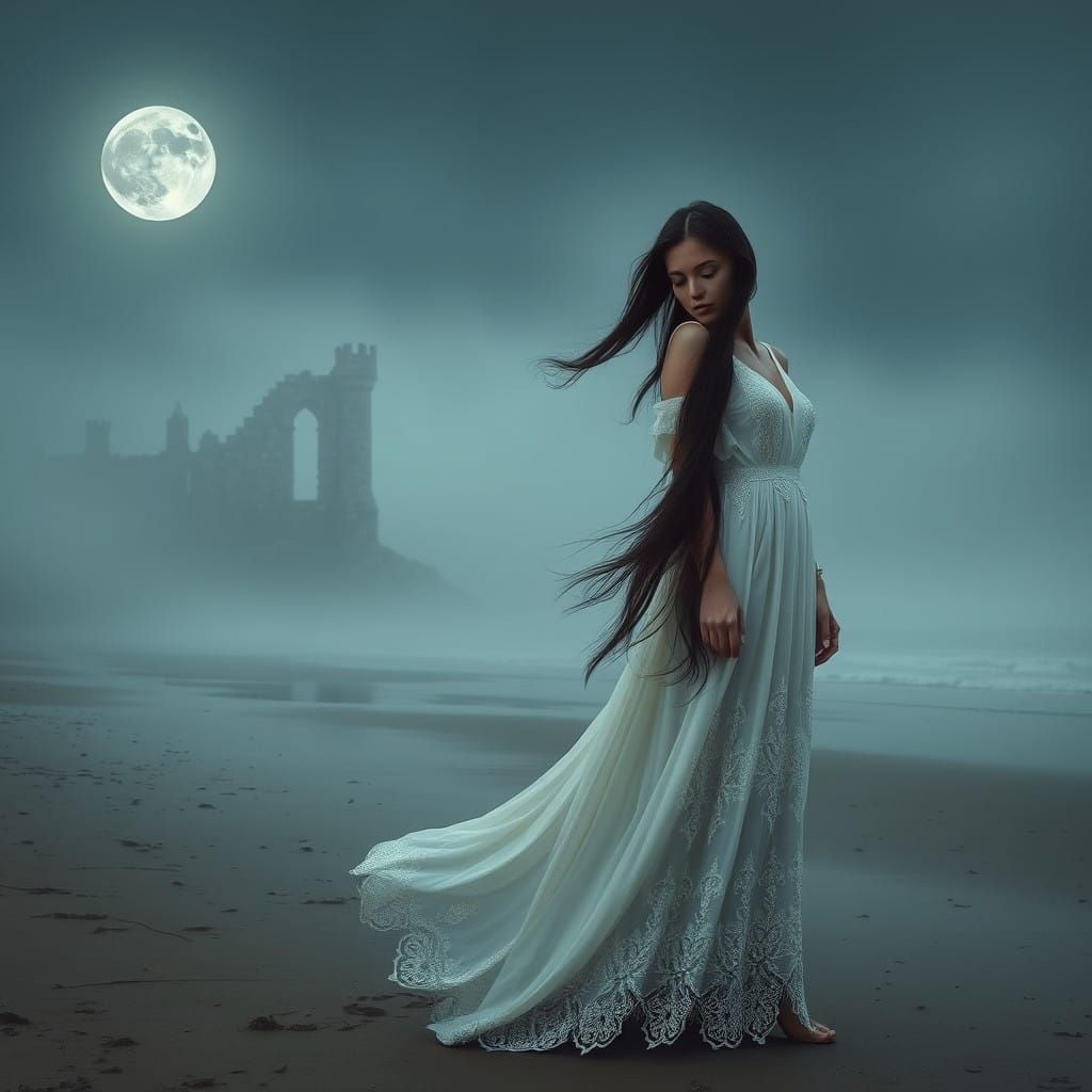 Ethereal Gothic Muse on Moonlit Beach