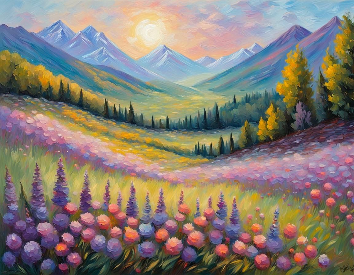 Mountain Panorama in Neo-Impressionist Oil Painting Style