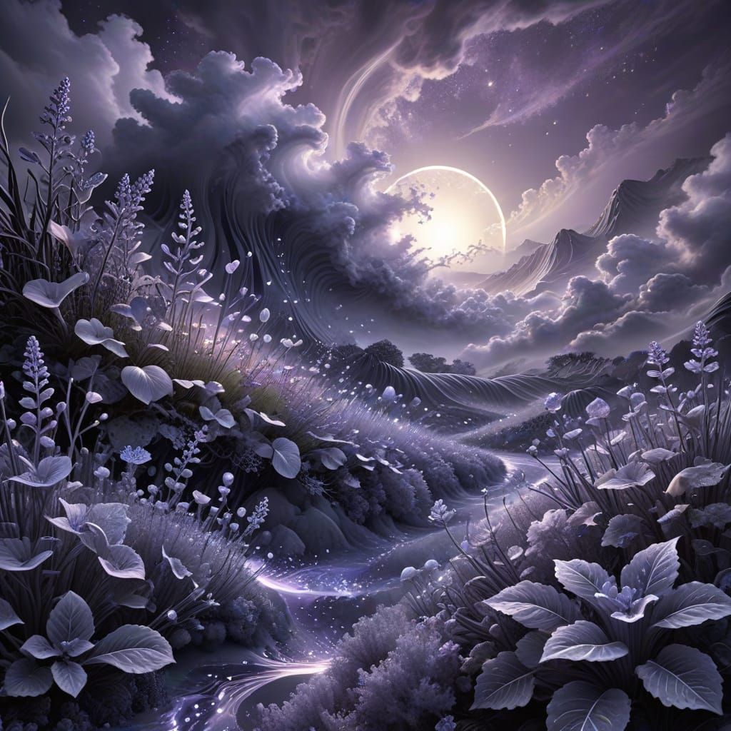 Dreamy Monochromatic Night Garden in a Magical Abstract Styl...