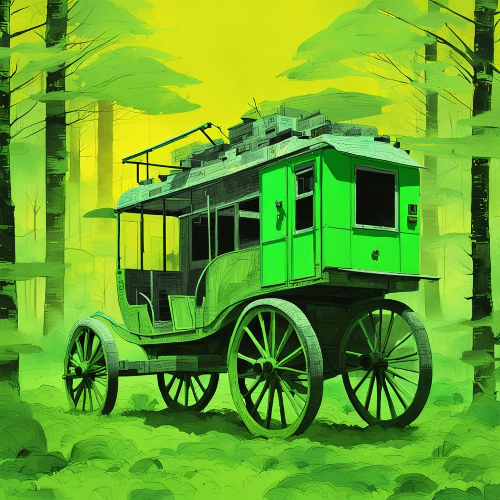 Neon Chariot in Forest: Mixed Media Collage