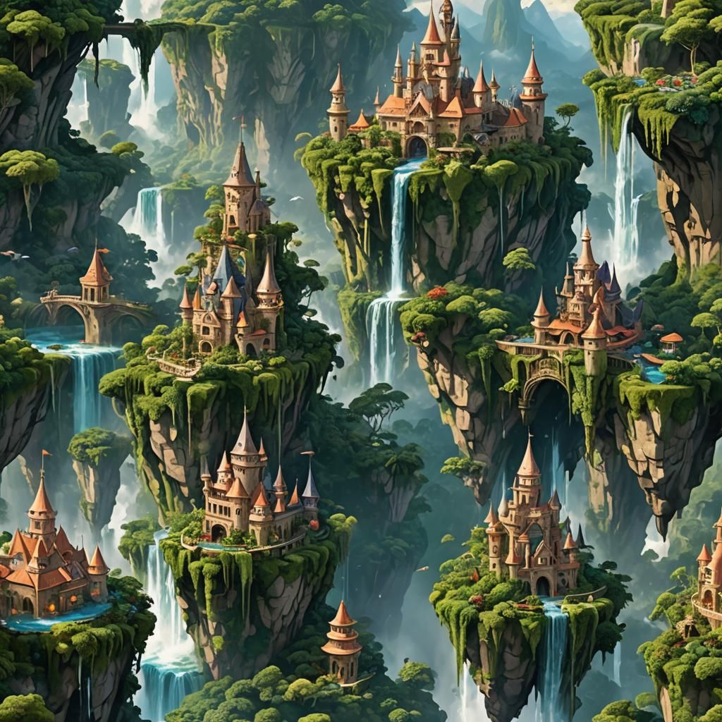 Mystical Floating Islands with Lush Greenery and Castle