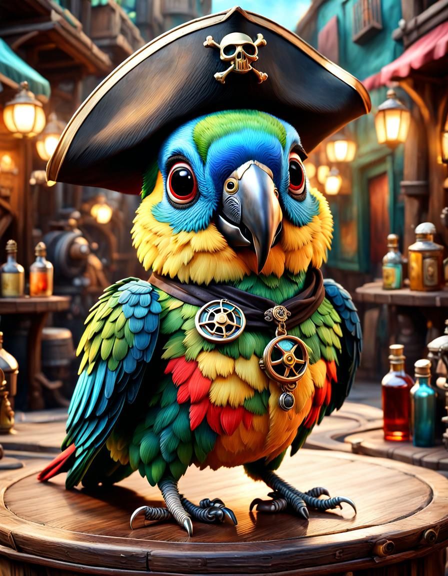 Dieselpunk Pirate Parrot in Magic Realism Style