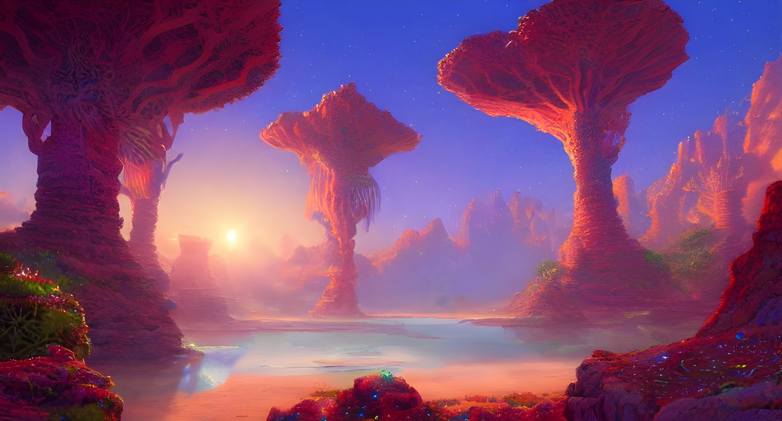 Vibrant Desert Oasis with Mythical Lighting