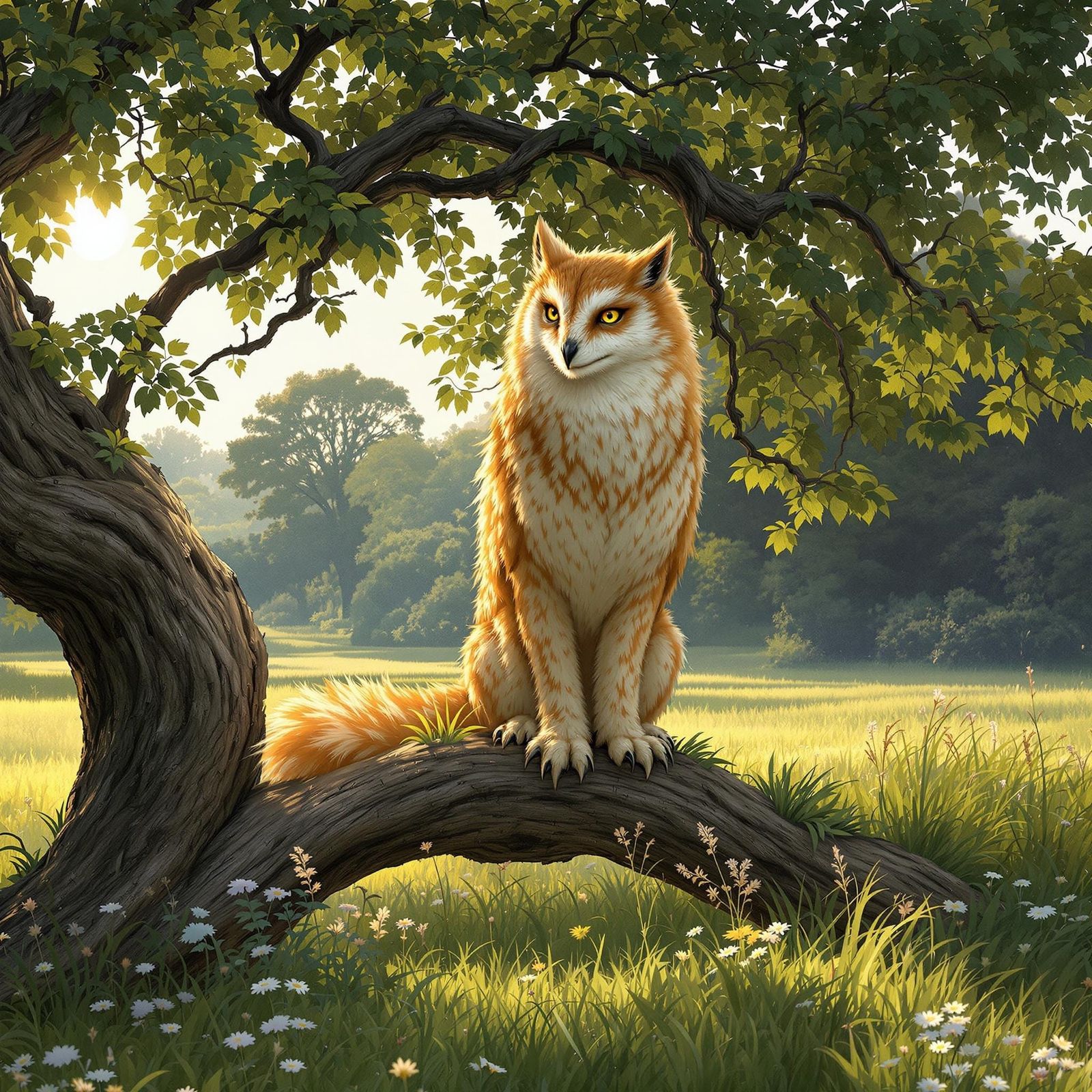 Majestic Owl Wolf Hybrid Sits on Oak Branch
