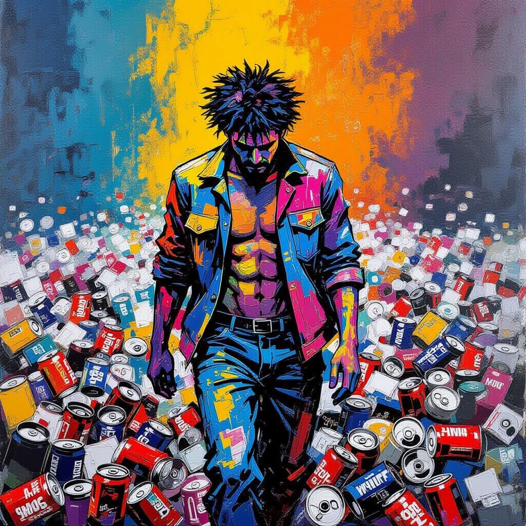 Exhausted Man in Vibrant Basquiat-Style Scene