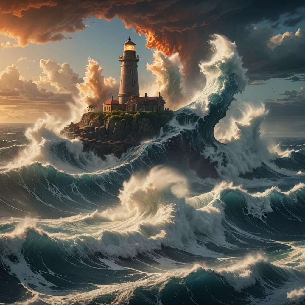 Lighthouse Engulfed by Wave: Fantasy Matte Painting