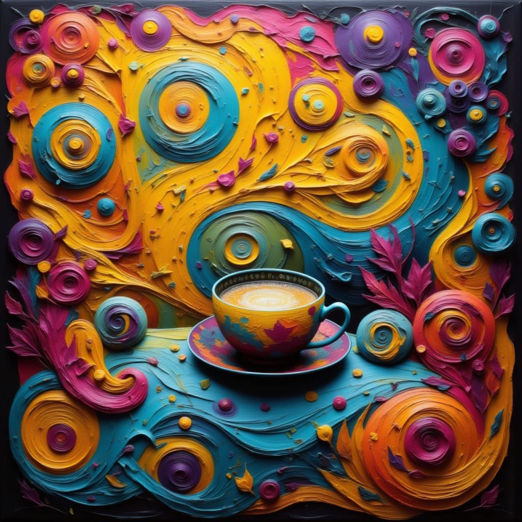 Teacup Surrounded by Swirling Dreamlike Acrylic Patterns