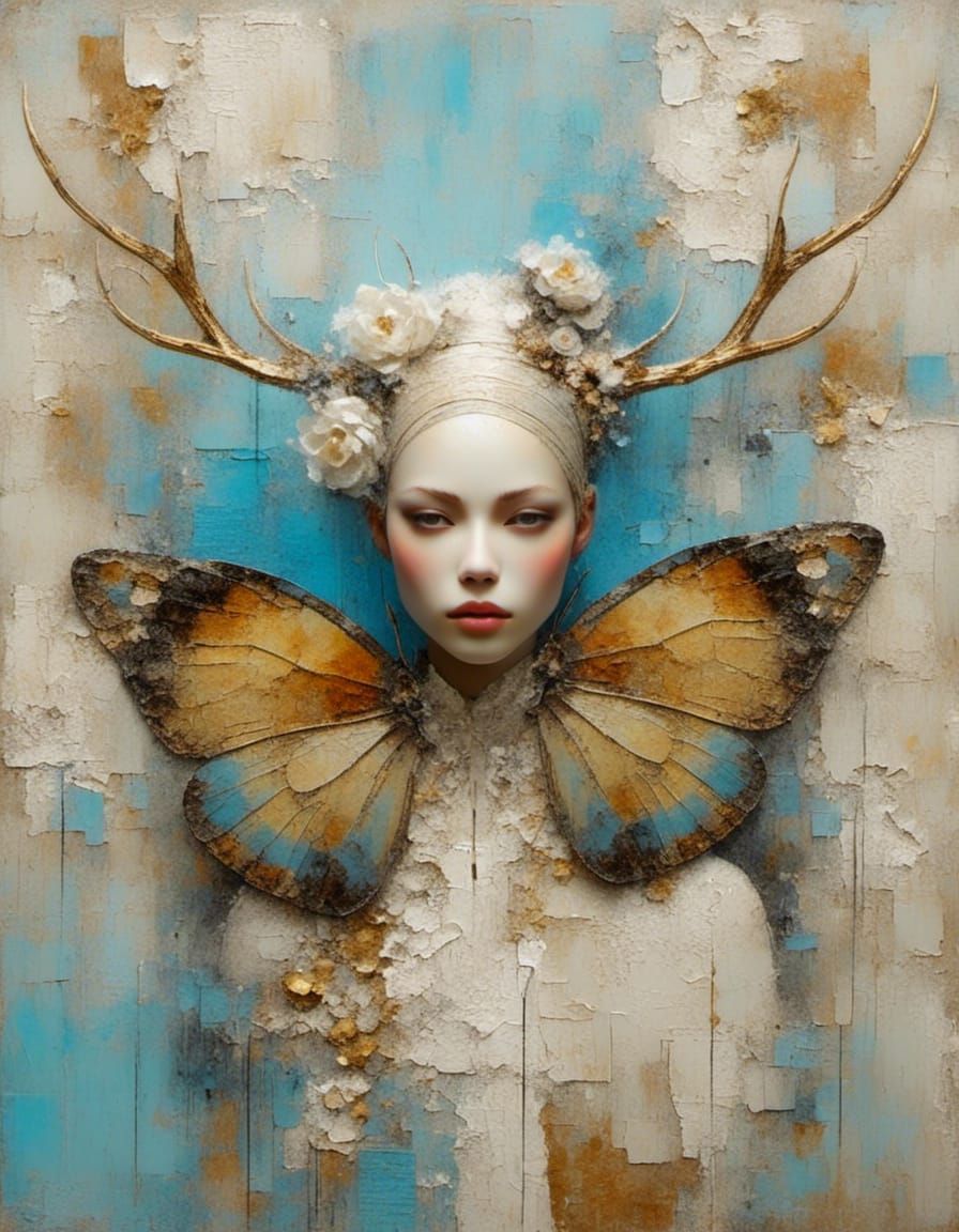 Celestial Man with Butterfly Wings Portrait in Minimalist St...