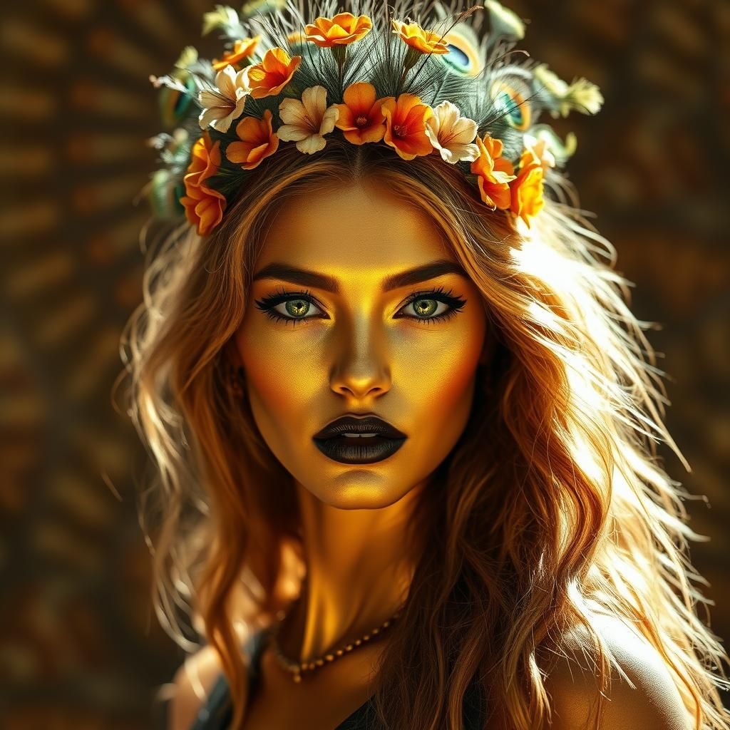 Golden Woman with Peacock Feathers, Cinematic Lighting