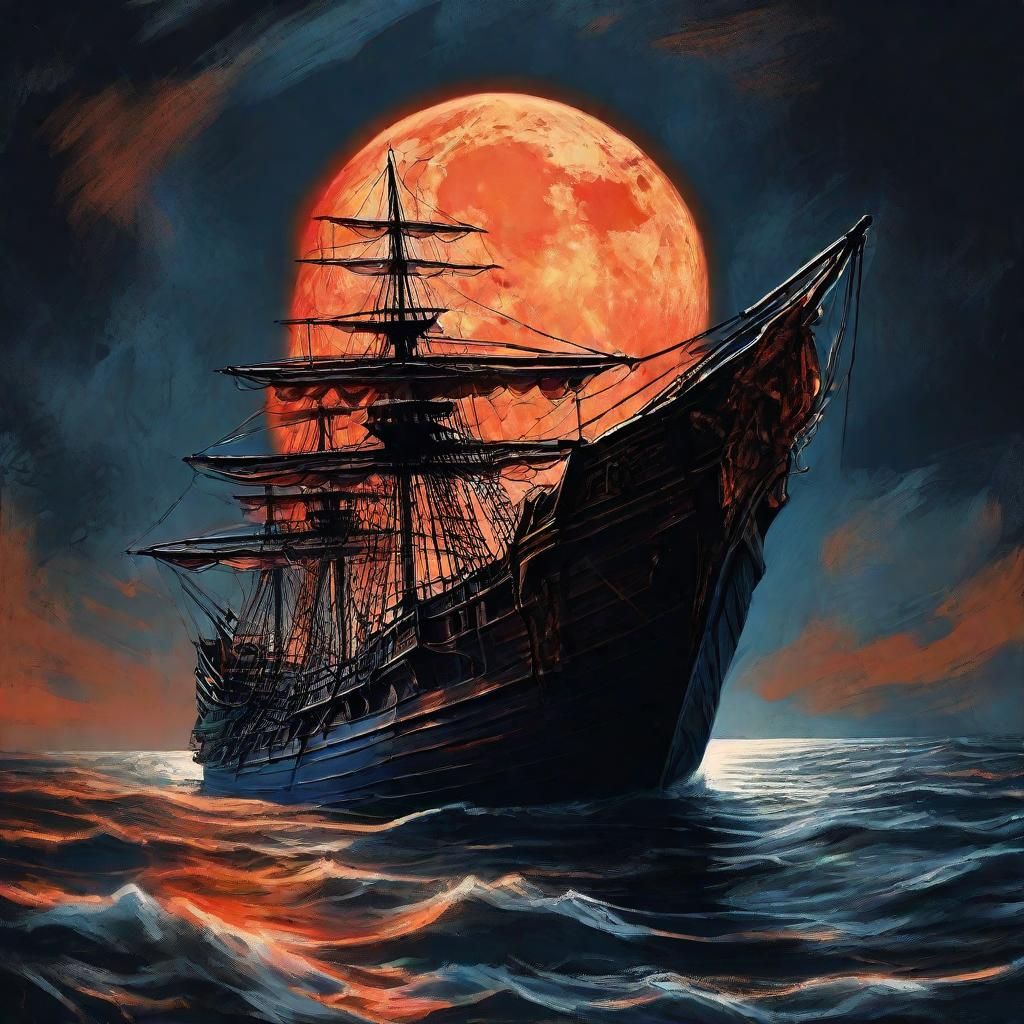 Ghost Ship Under Red Moon in Baroque Style