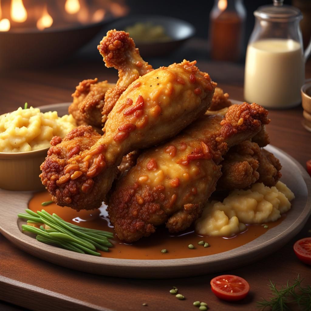 Crispy Fried Chicken with Mashed Potatoes, Digital Art