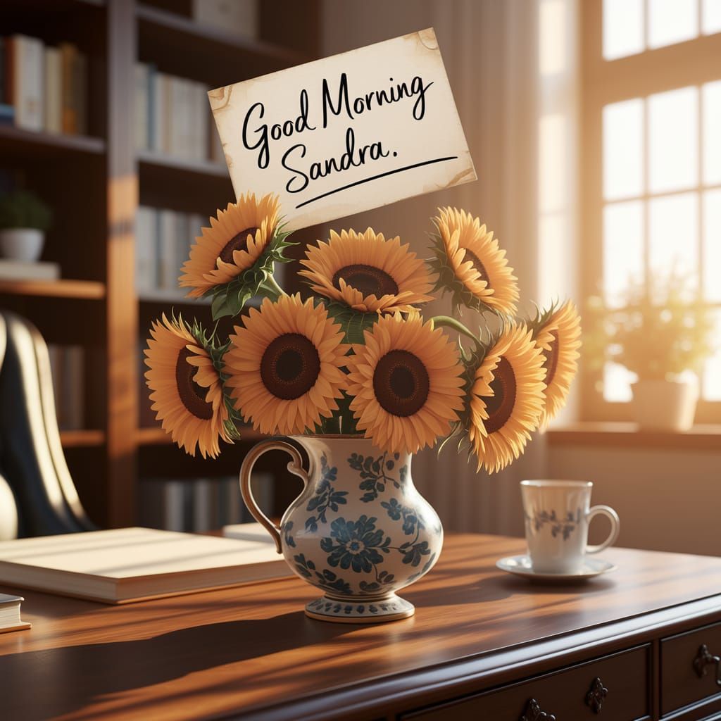 Warm Morning Office Scene with Sunflowers and Handwritten No...