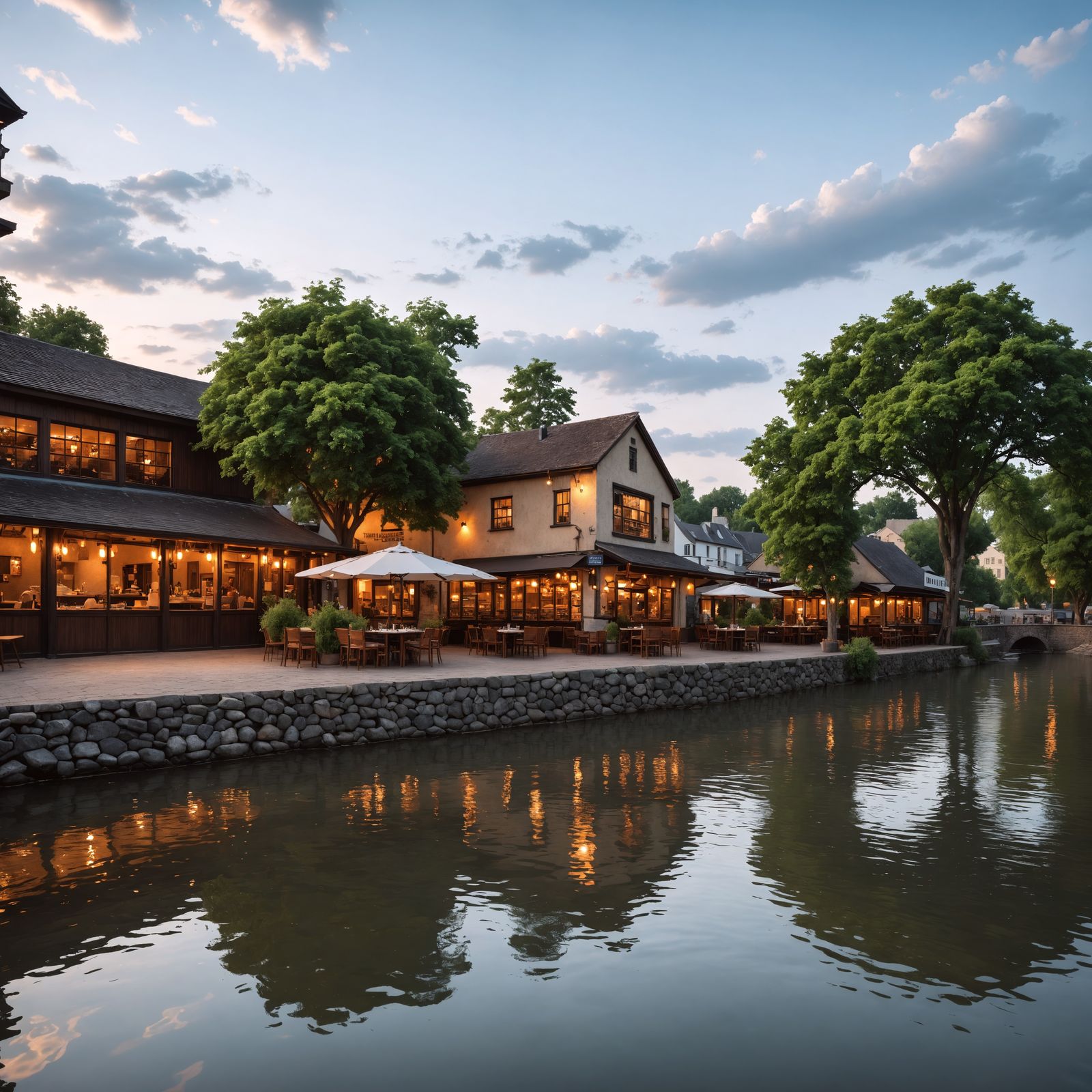 Cinematic Riverfront Restaurant Scene in Hyperrealistic Styl...