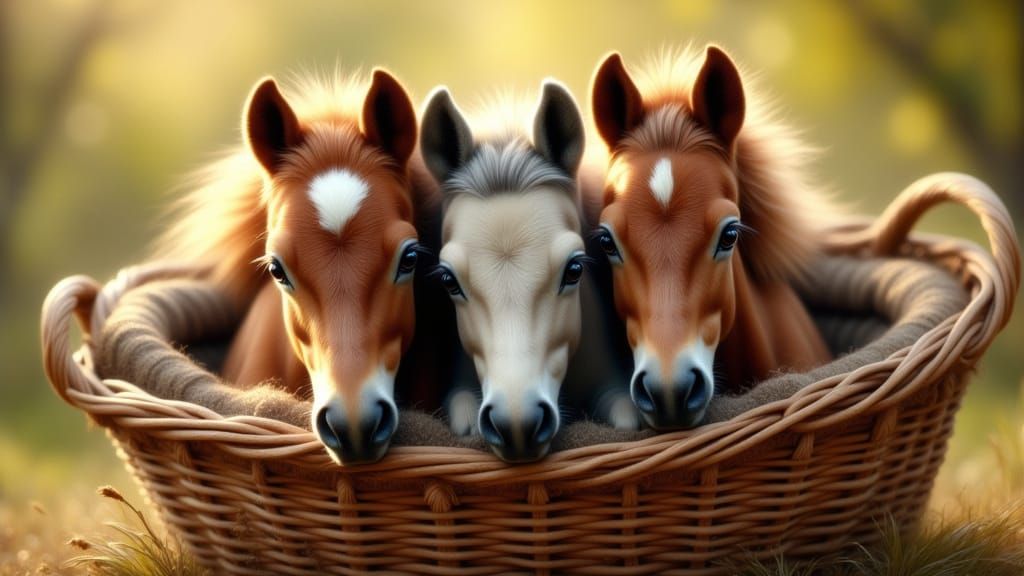 Cute Vintage Pony Foals in a Basket