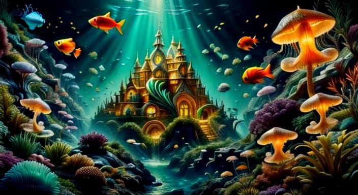 Underwater City Ocean Life in Watercolor Style