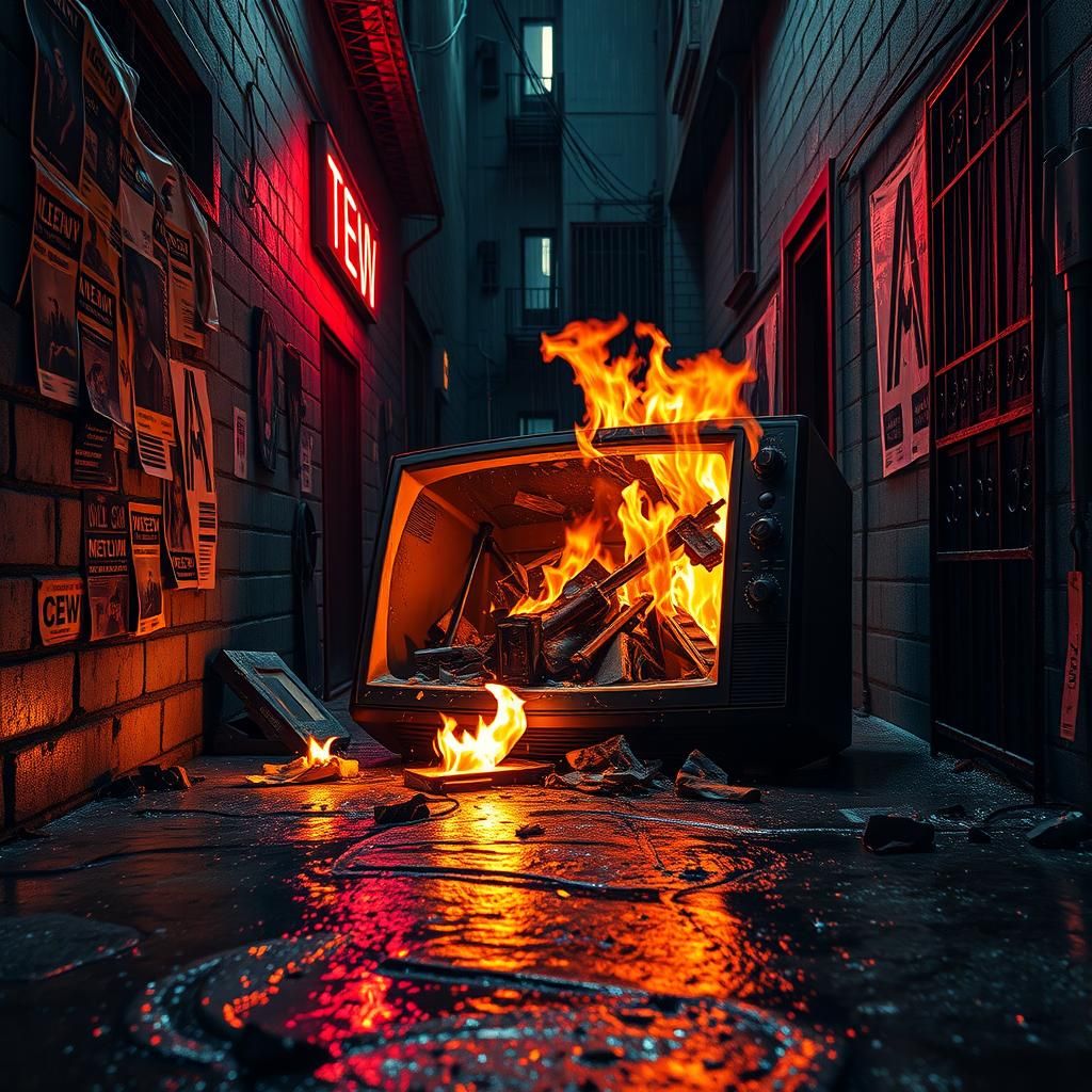 Burning TV in Dystopian Alleyway