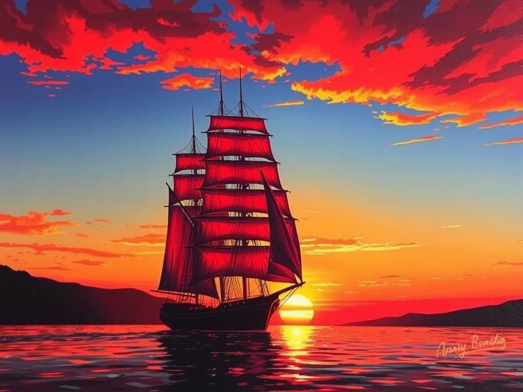 Scarlet Sunset Silhouetted Sailing Ship