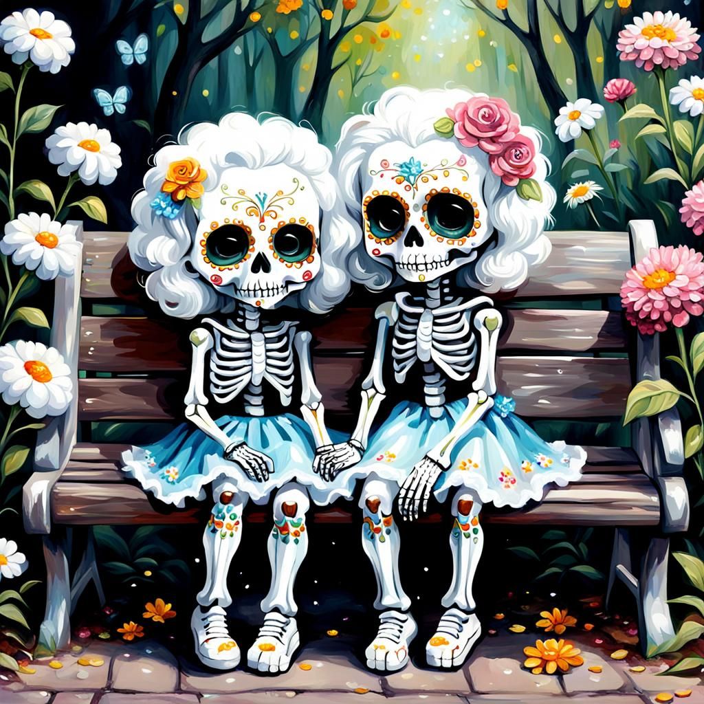 Chibi Sugar Skull Skeletons in Oil Painting