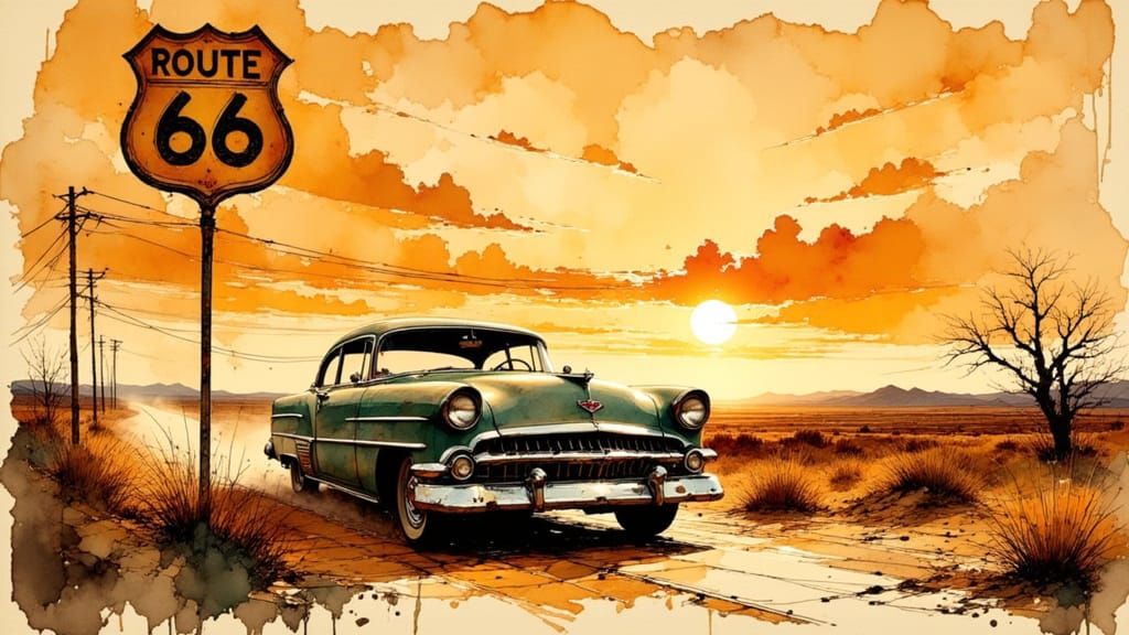 Route 66 Sunset Drive in Bold Ink Lines