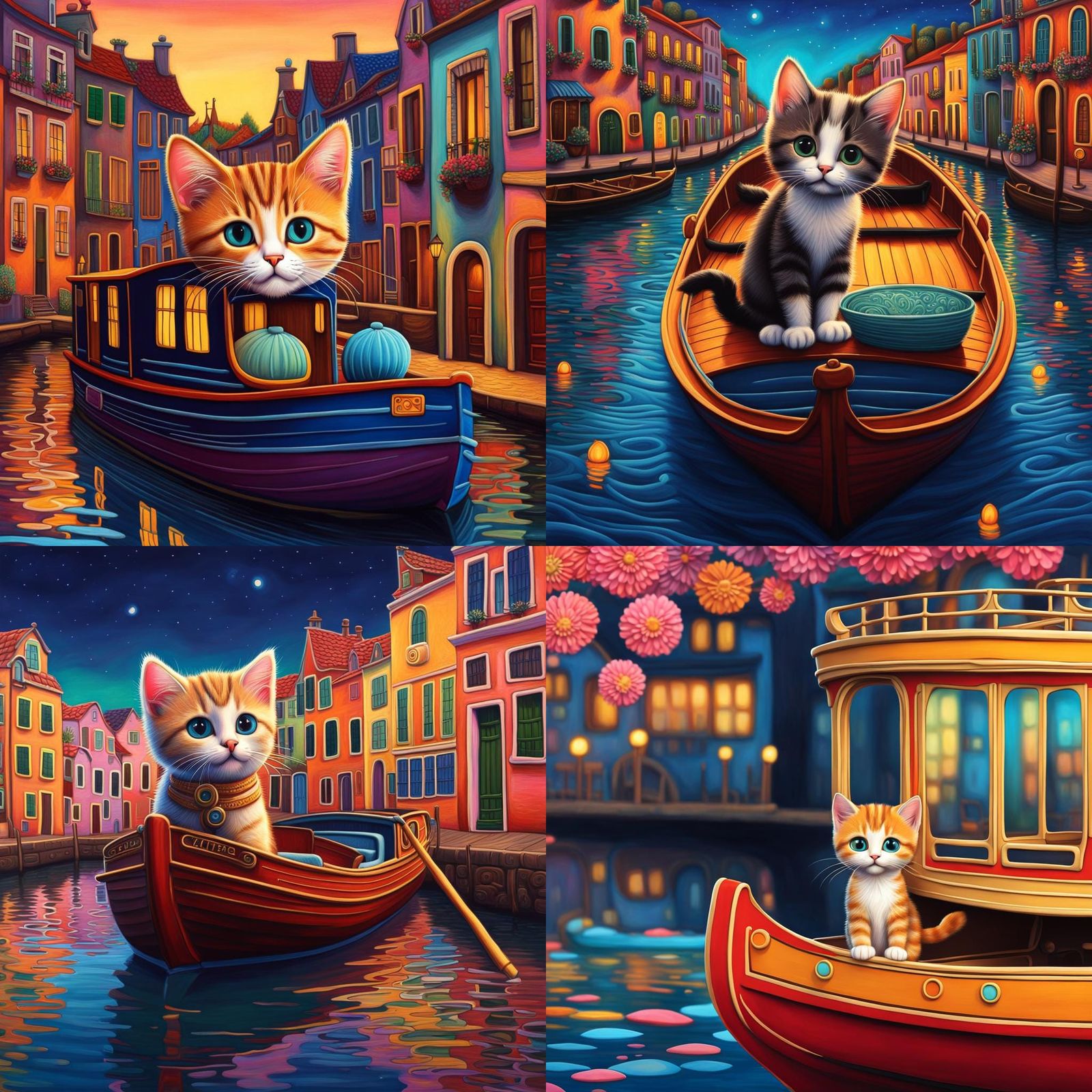 Colorful Kitten in Canal Boat, Digital Art Style