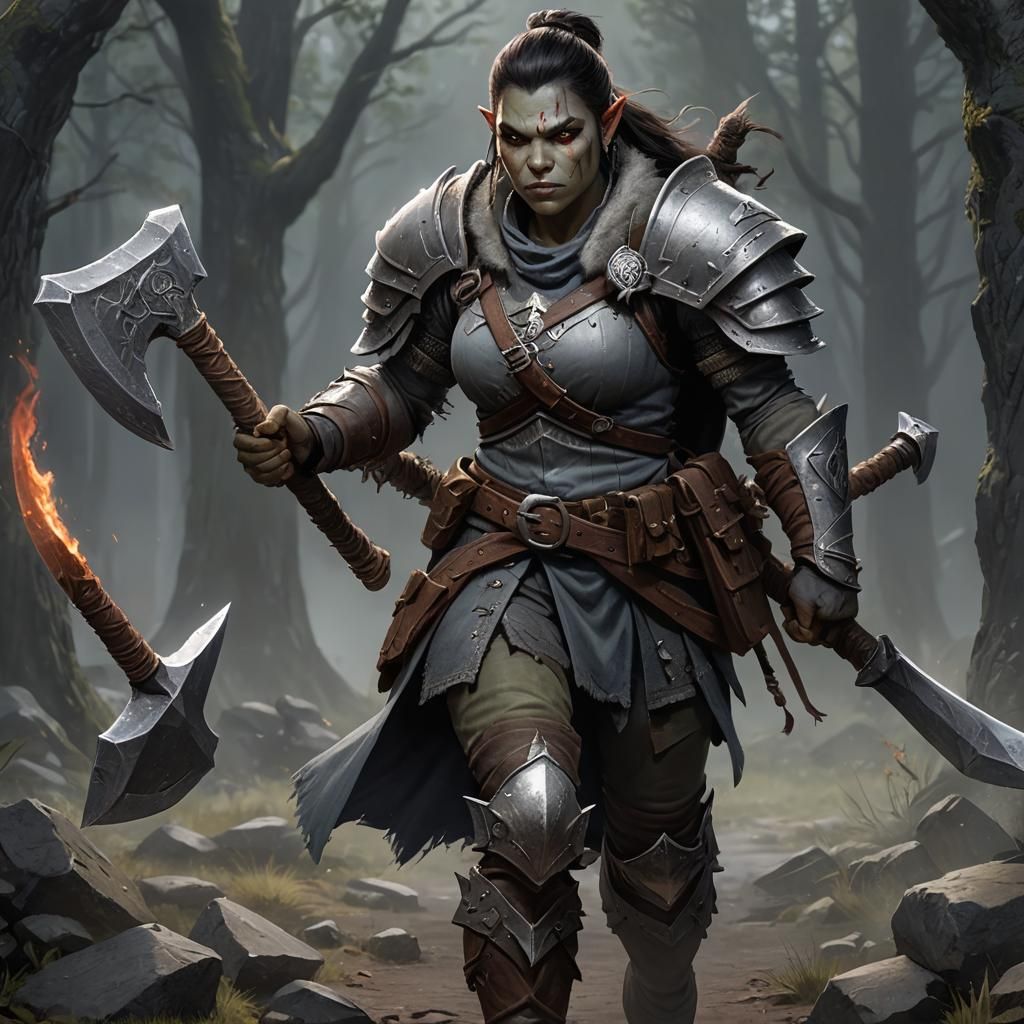 Female Gray Half-Orc Fighter Wielding Axe