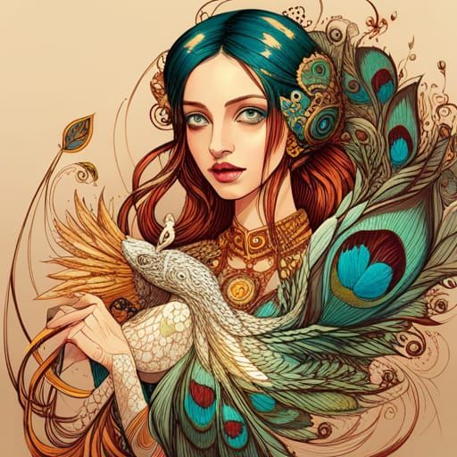 Steampunk Peacock Princess in Digital Painting Style