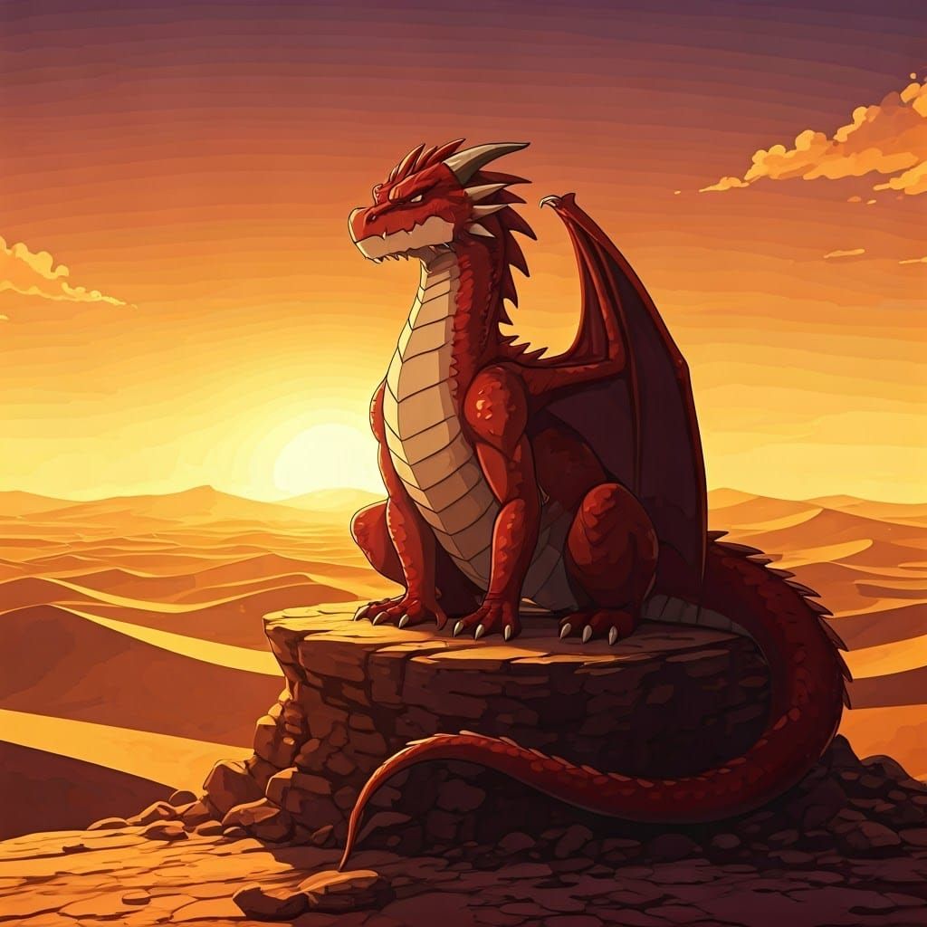 Grumpy Red Dragon at Desert Sunset, Anime Style