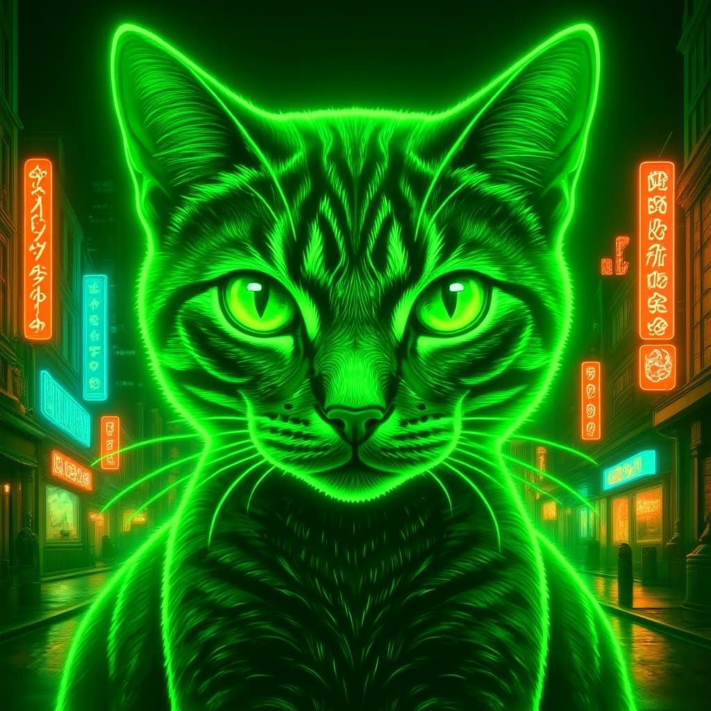 Neon Cat Portrait in Iridescent Green Light