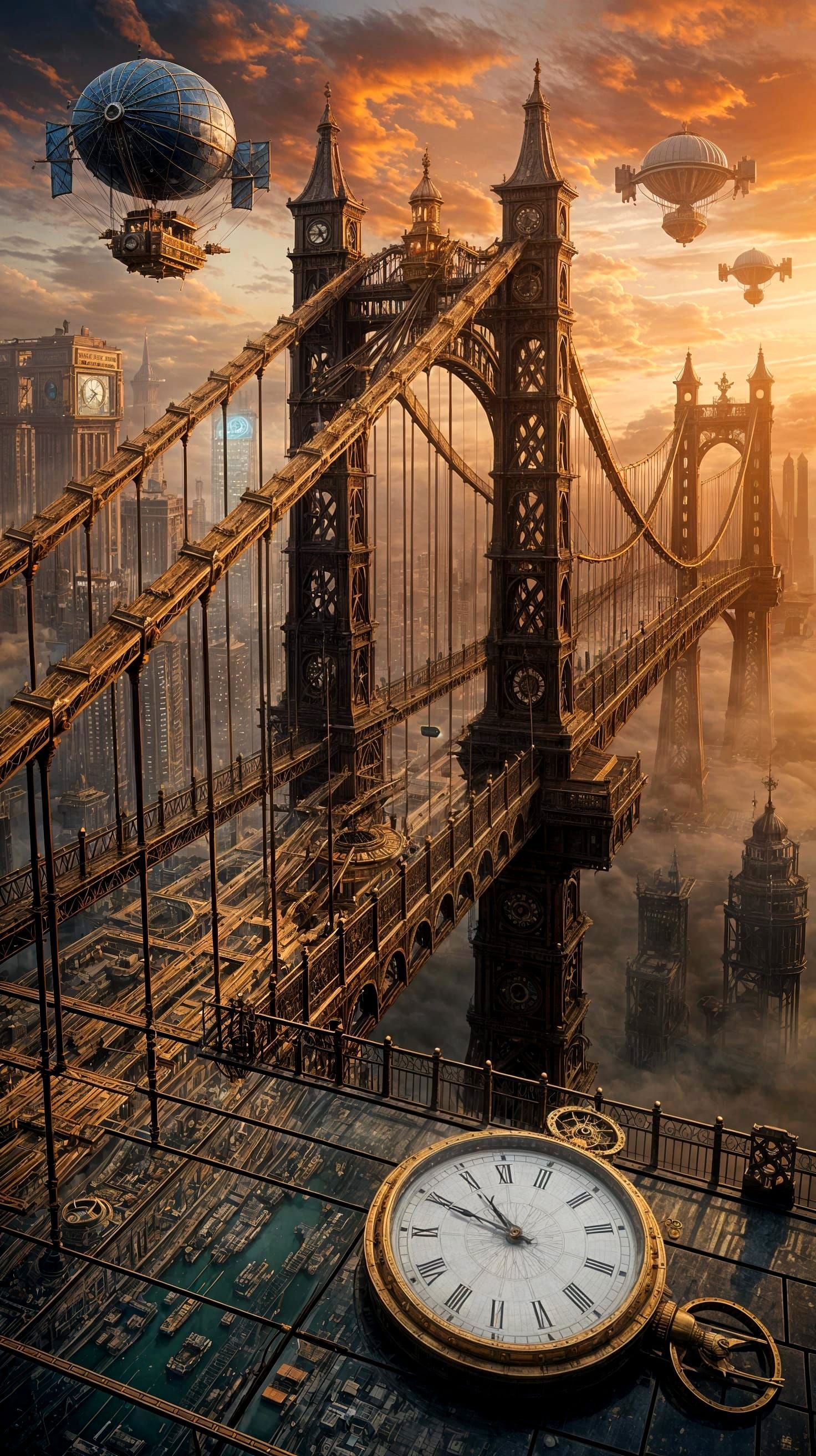 Steampunk Wonders: Brass Bridge Over Foggy Metropolis