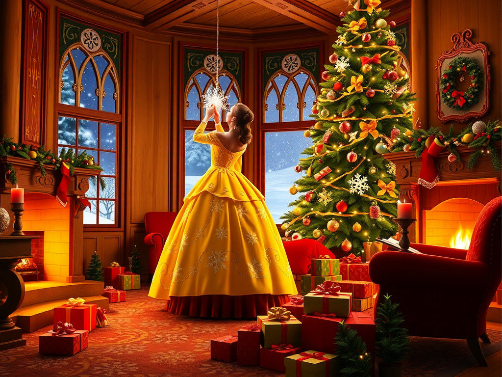Belle Decorates Christmas Tree in Whimsical Style
