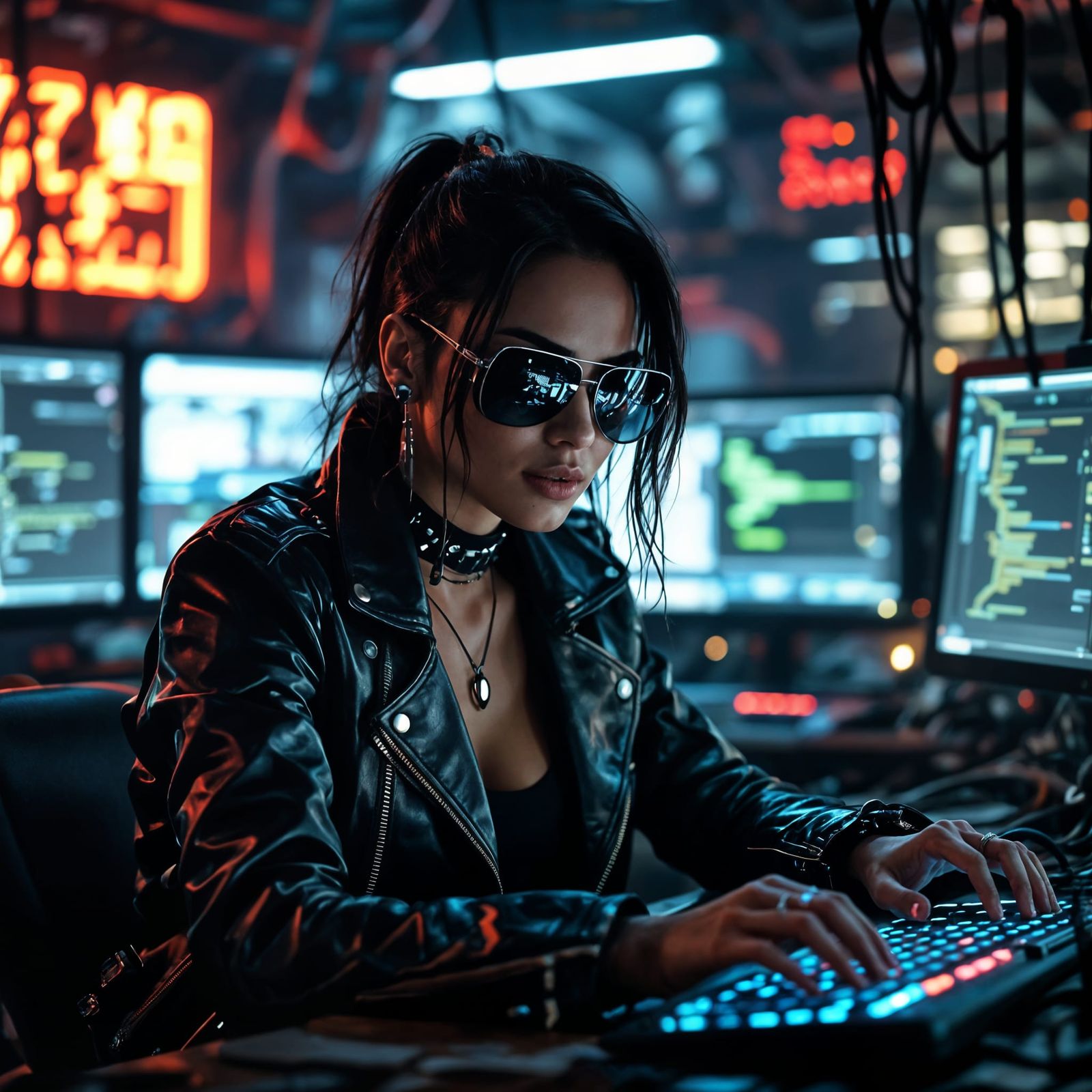 Cyberpunk Hacker Jelena in Gritty High-Tech Scene