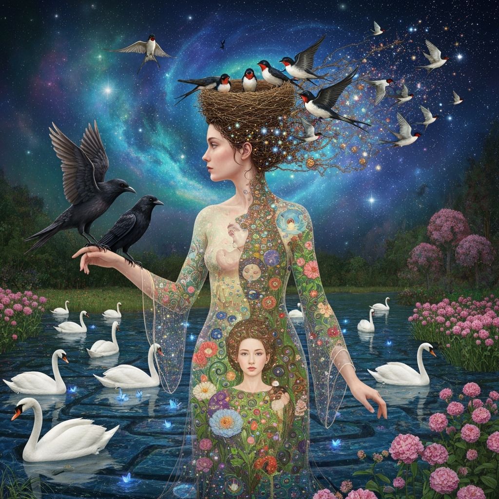 Ethereal Woman Transforms into Birds Amidst Cosmic Energy