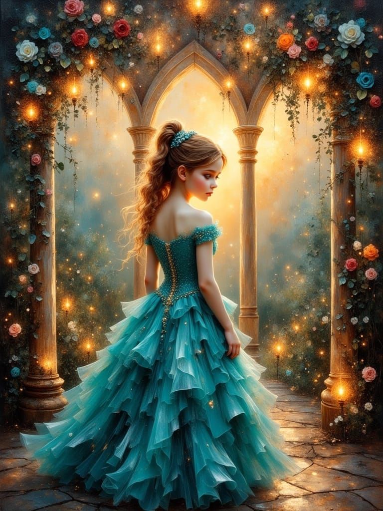 Baroque Toddler Girl in Rose Gazebo at Dawn