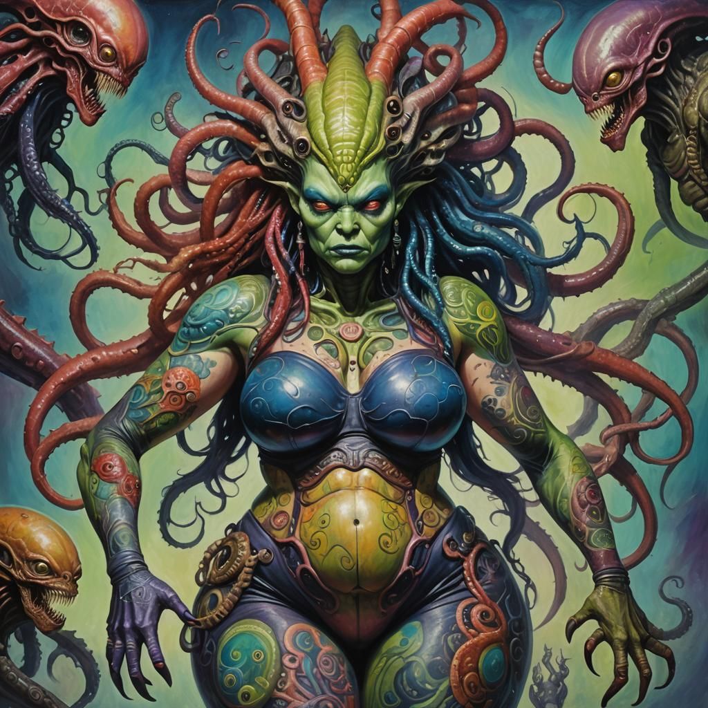 Multi-Colored Alien Woman with Tattoos as Oil Painting