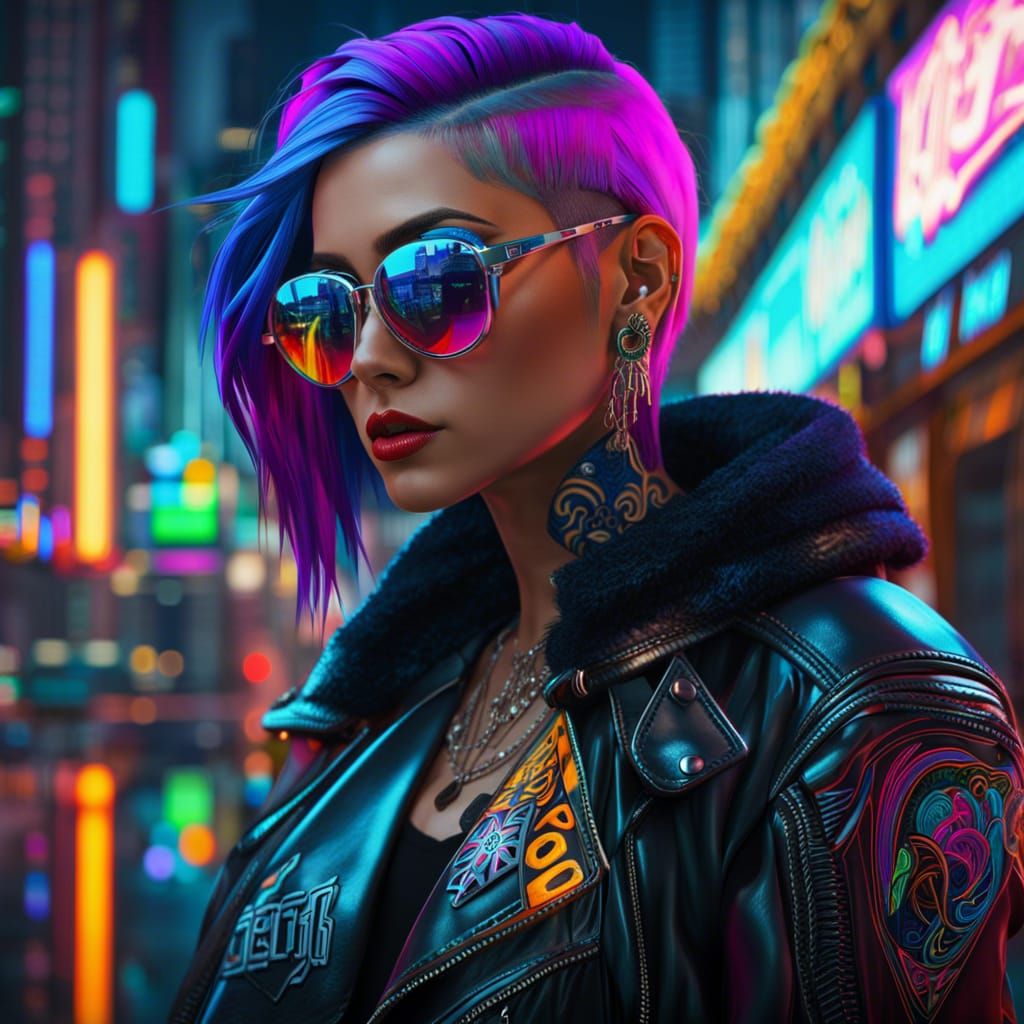 Cyberpunk Girl with Neon Reflections and Tattoos