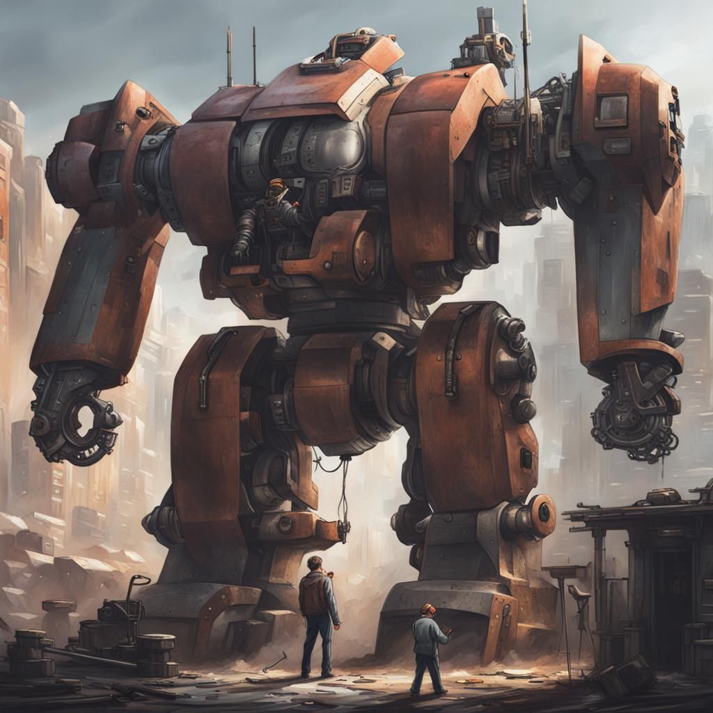 Mechanic Overhauling a Giant Mech Machine