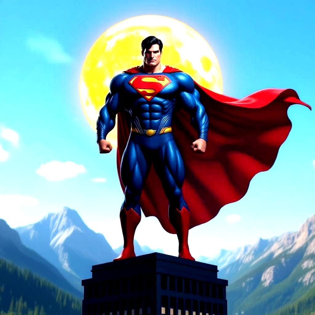 Superman in Batsuit on Skyscraper at Night