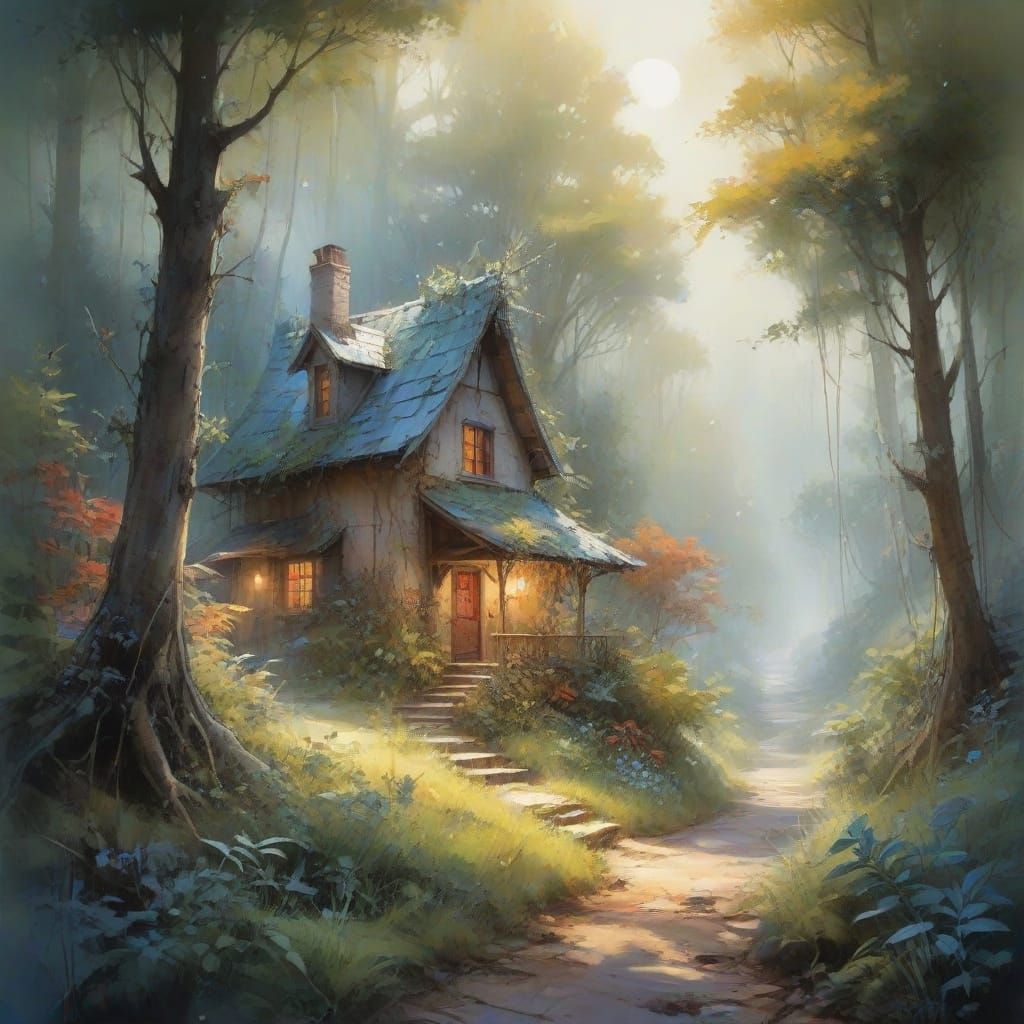 Whimsical Watercolor Forest Scene with Fireflies and Tiny Ho...