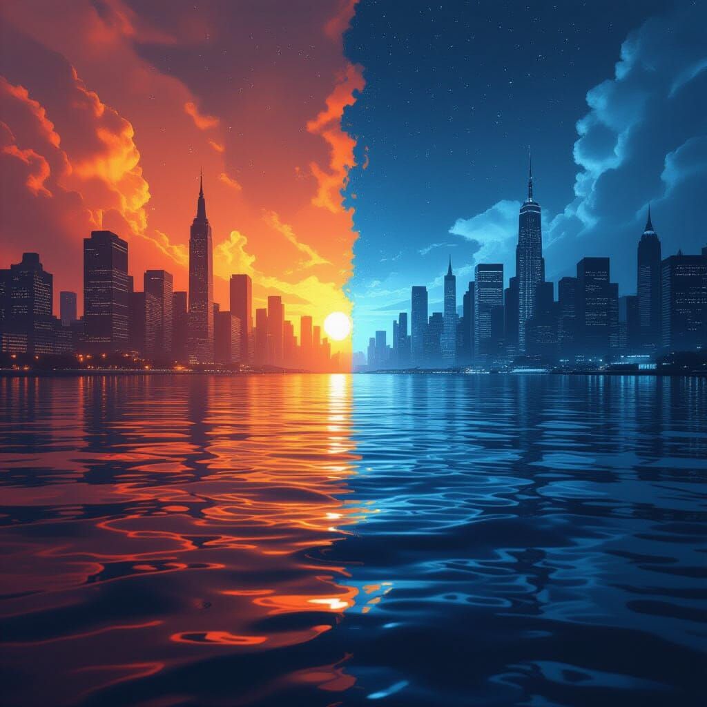 City Divided by Day and Night in Dramatic Digital Art
