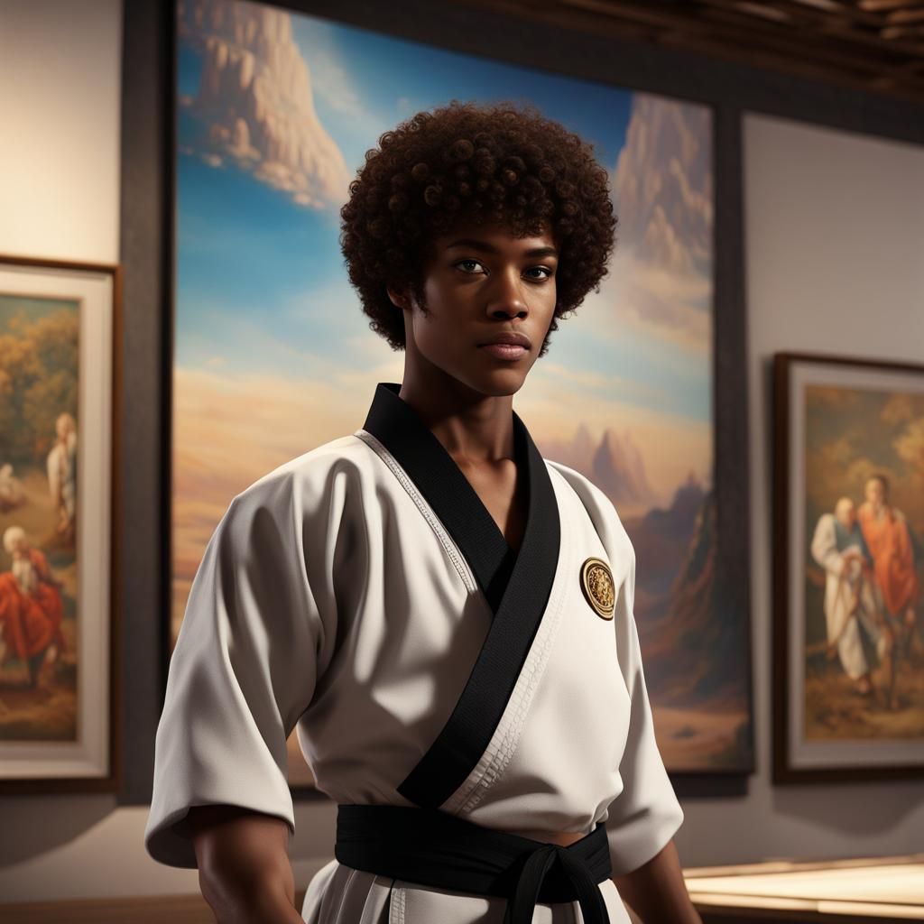 Black Karate Students at Art Gallery in 1970s Style